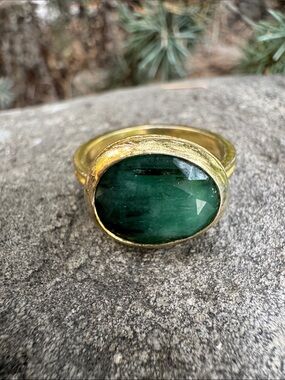 Sundance Gold-Tone Ring with Deep Green Oval Stone